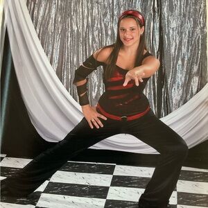 Dance Class Black and Red Performance Pantsuit with Cutout Sleeve